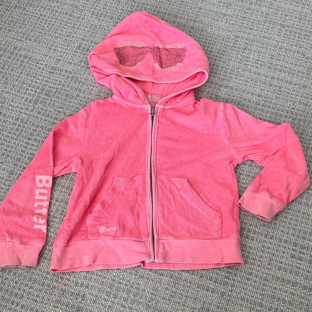 Butter Vibrant Pink Kids Zip-Up Hoodie with fun “summer” sparkle design